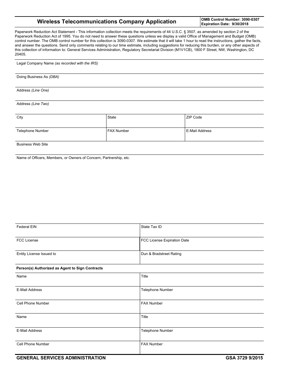 GSA Form 3729 Wireless Telecommunications Company Application, Page 1