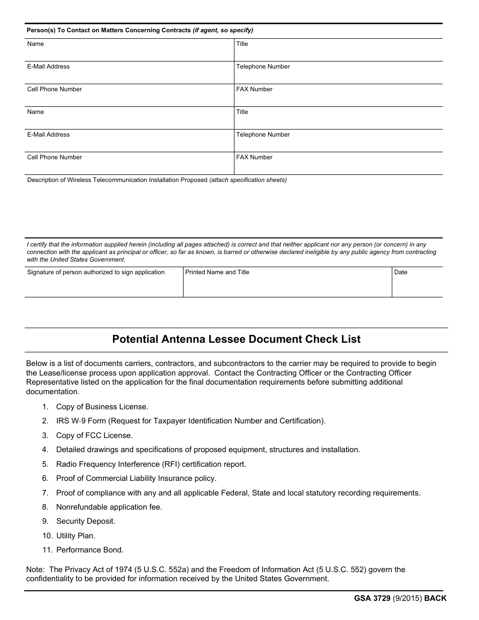 GSA Form 3729 Wireless Telecommunications Company Application, Page 2