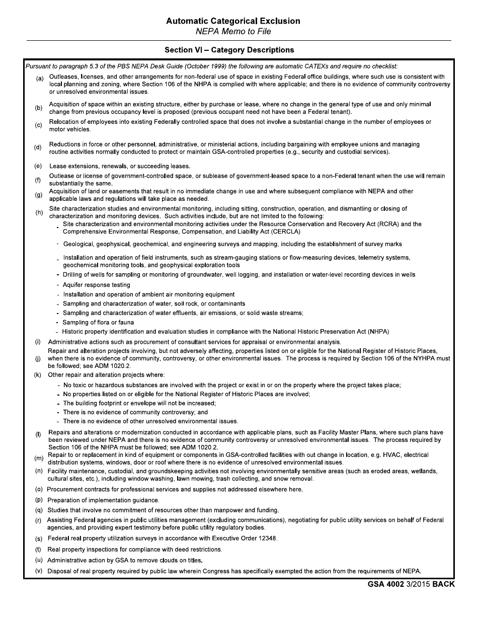 GSA Form 4002 Automatic Categorical Exclusion, Page 2