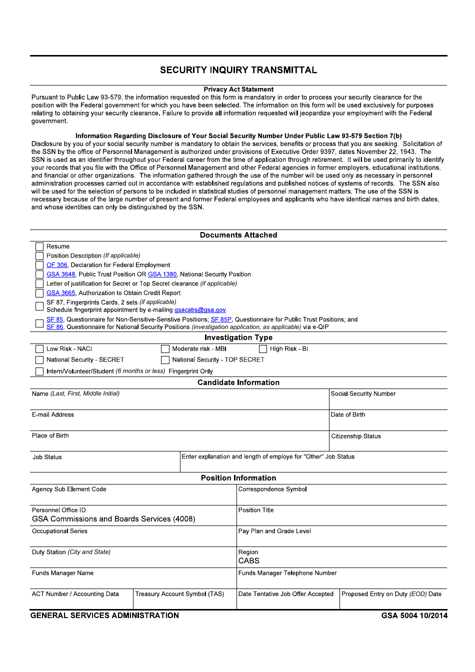 GSA Form 5004 Security Inquiry Transmittal, Page 1