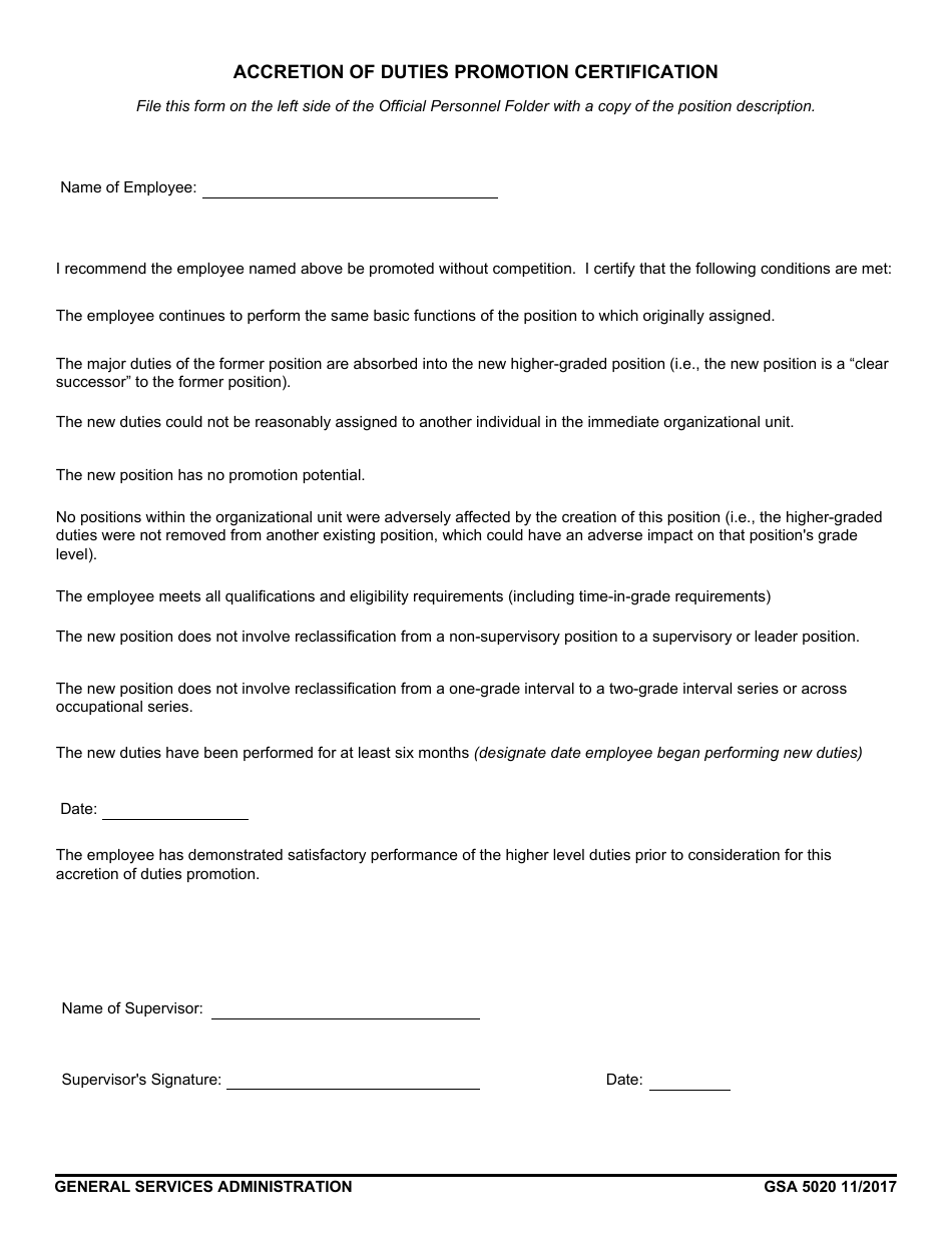 GSA Form 5020 Accretion of Duties Promotion Certification, Page 1