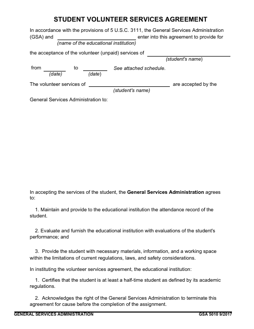 GSA Form 5010 Student Volunteer Services Agreement