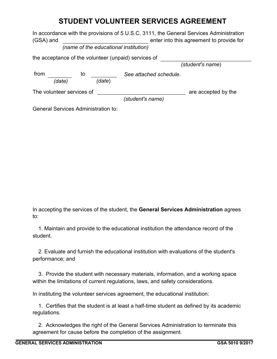 GSA Form 5010 Student Volunteer Services Agreement, Page 1