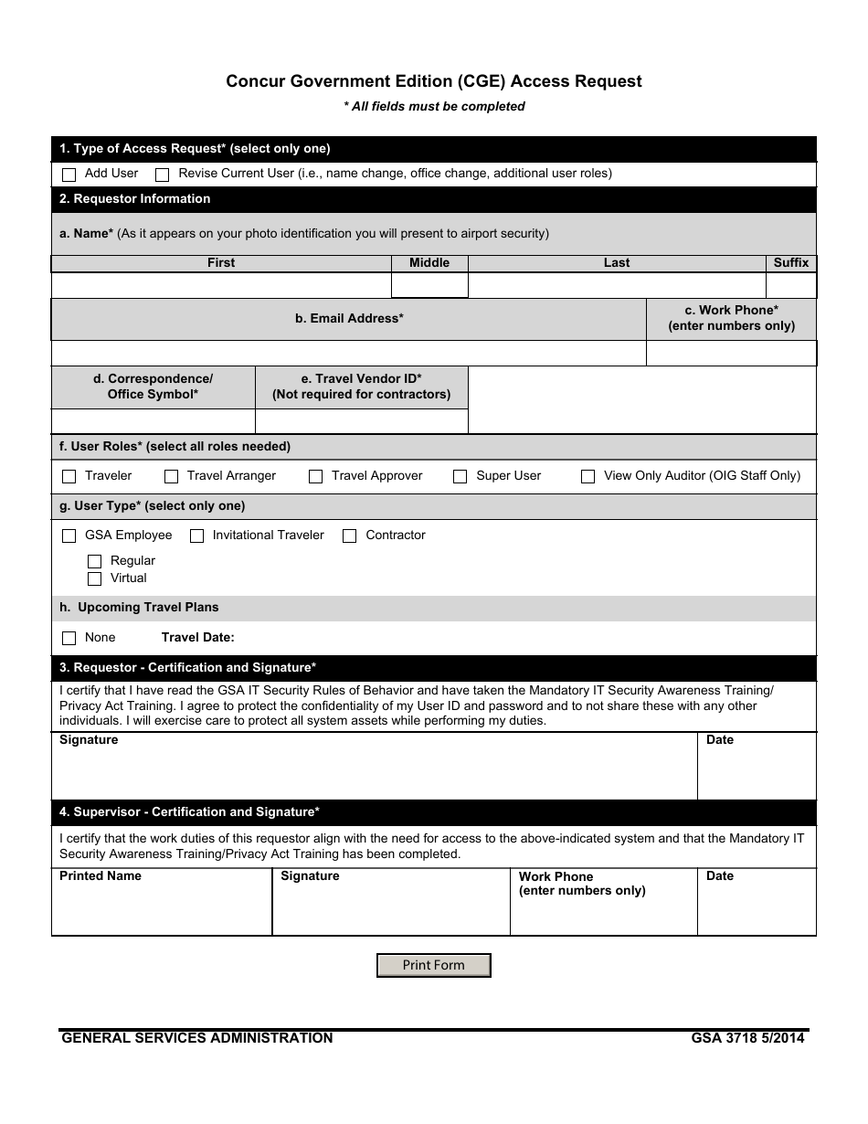 GSA Form 3718 Concur Government Edition (Cge) Access Request, Page 1