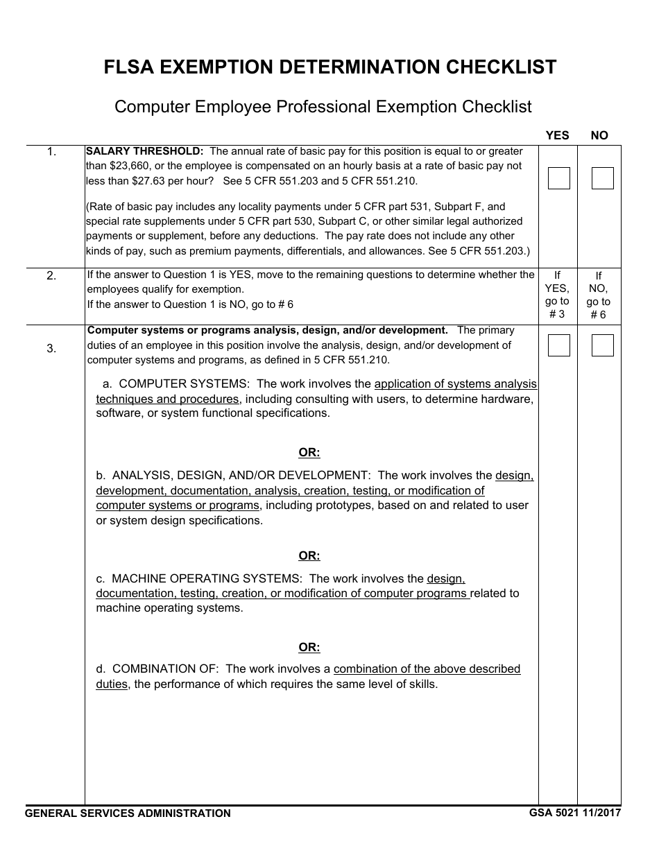 GSA Form 5021 Flsa Exemption Determination Checklist - Computer Employee Professional Exemption, Page 1