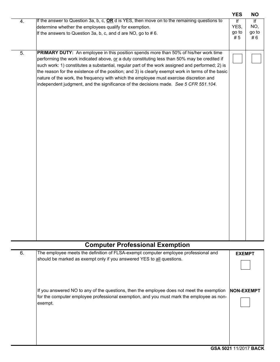 GSA Form 5021 Flsa Exemption Determination Checklist - Computer Employee Professional Exemption, Page 2