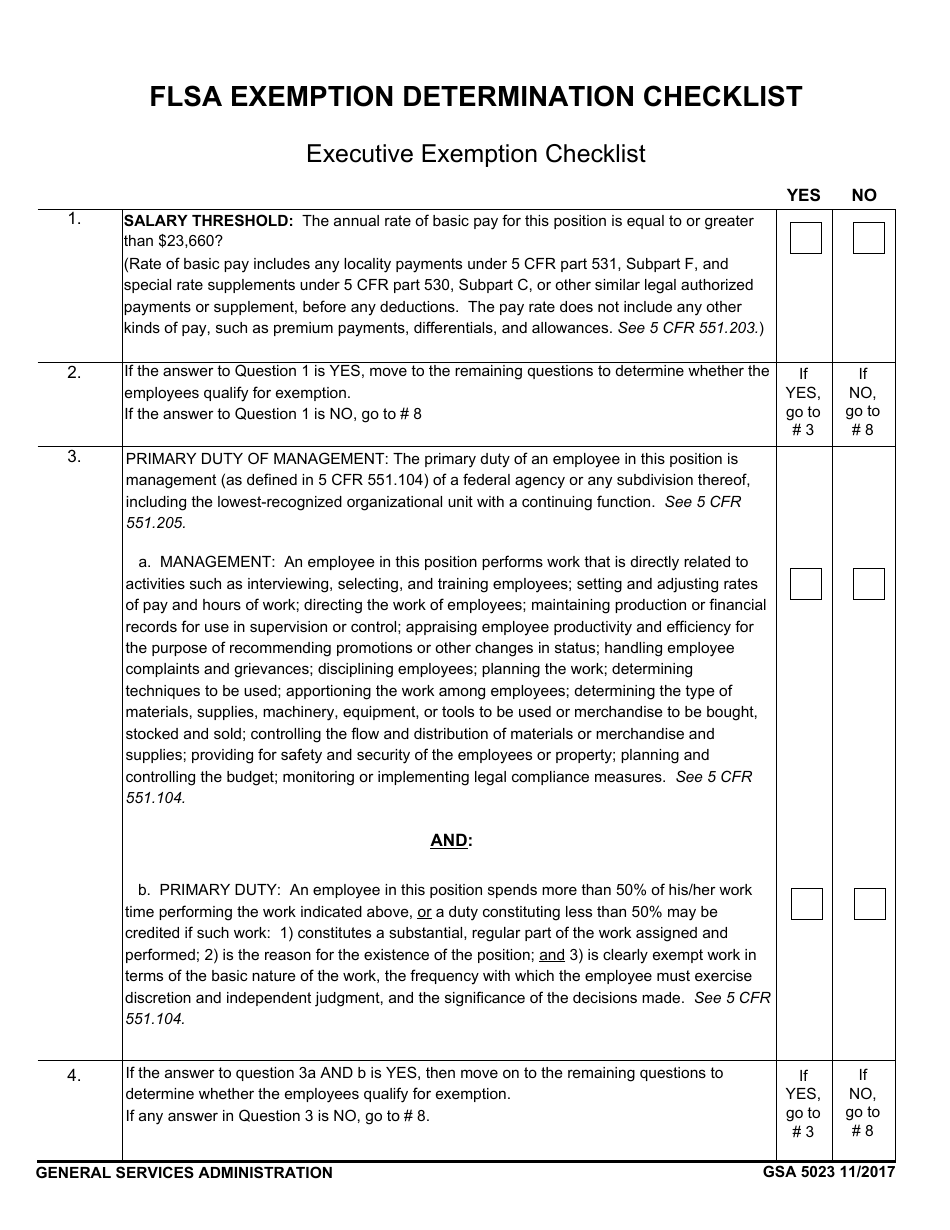 GSA Form 5023 Flsa Exemption Determination Checklist - Executive Exemption, Page 1