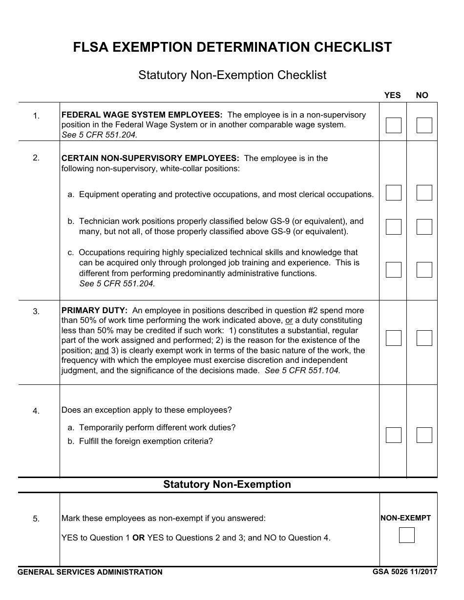 GSA Form 5026 Flsa Exemption Determination Checklist - Statutory Non-exemption, Page 1