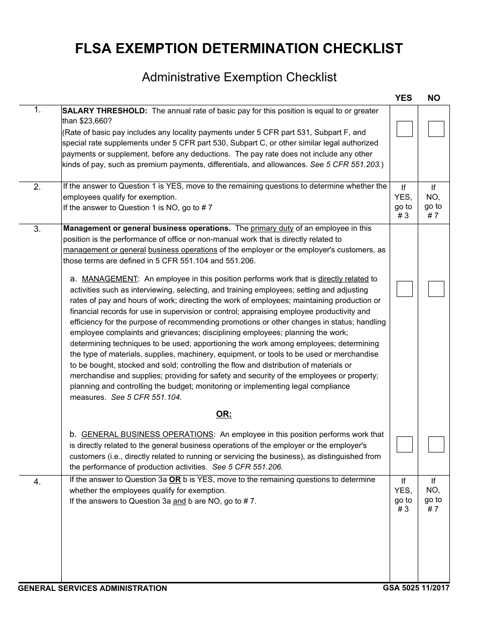 GSA Form 5025 Flsa Exemption Determination Checklist - Administrative Exemption, Page 1