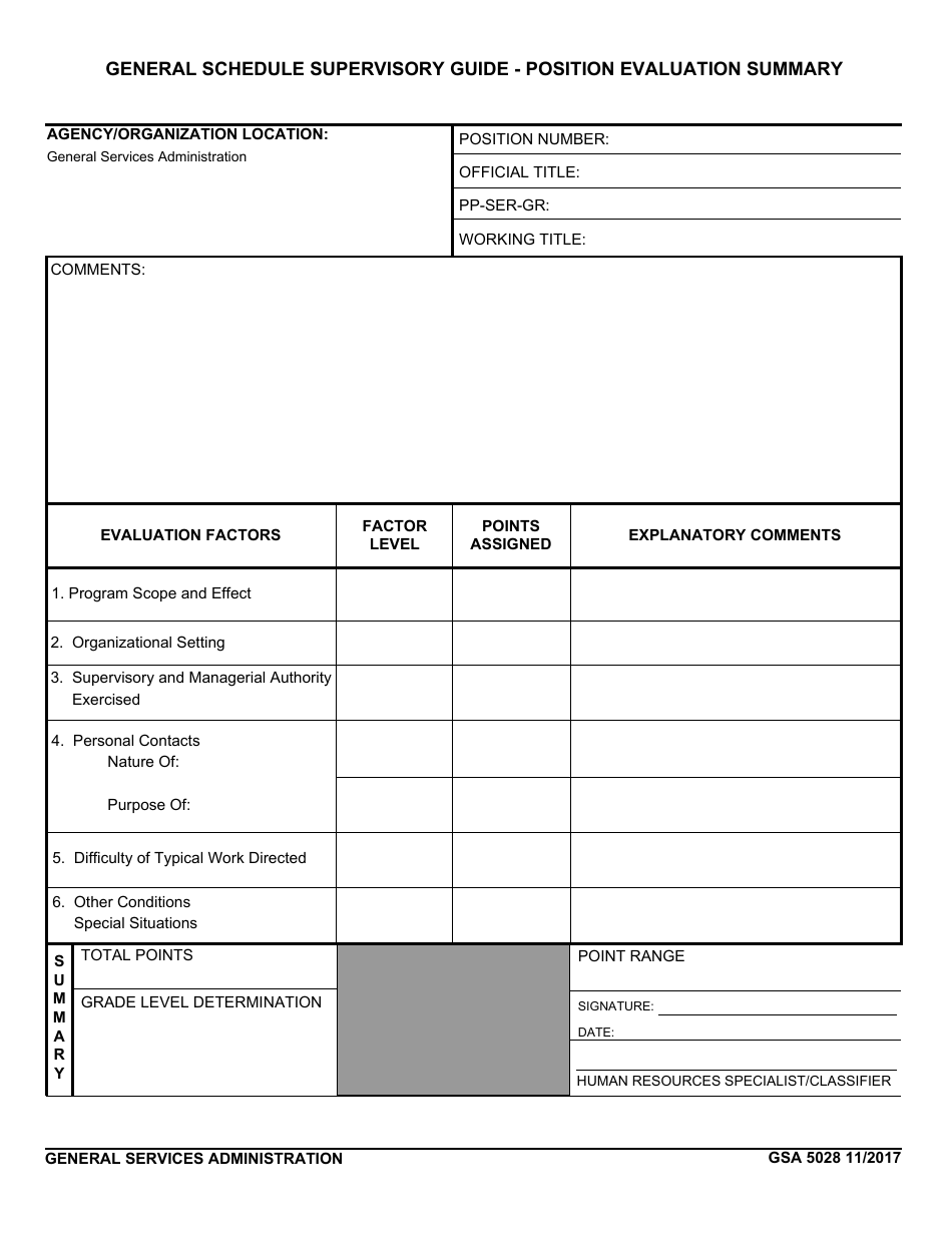 GSA Form 5028 General Schedule Supervisory Guide - Position Evaluation Summary, Page 1