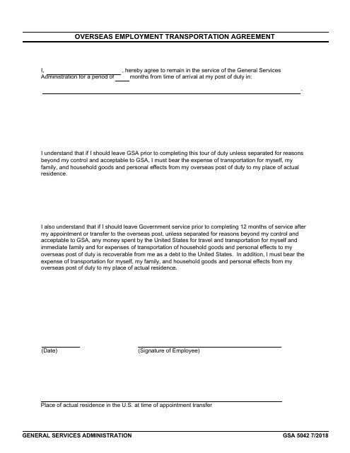 GSA Form 5042 Overseas Employment Transportation Agreement
