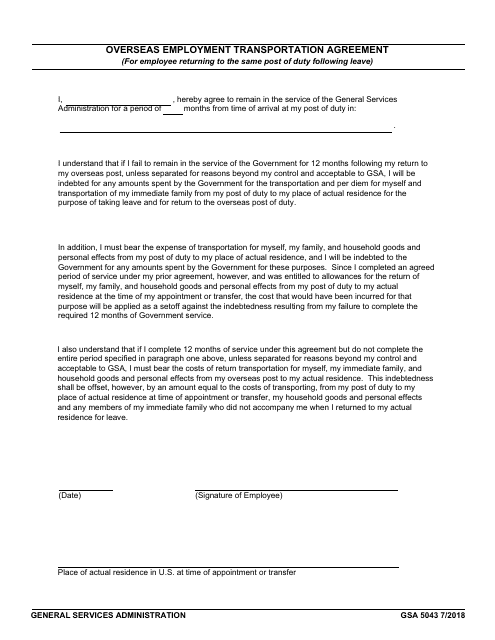 GSA Form 5043 Overseas Employment Transportation Agreement (For Employee Returning to the Same Post of Duty Following Leave)