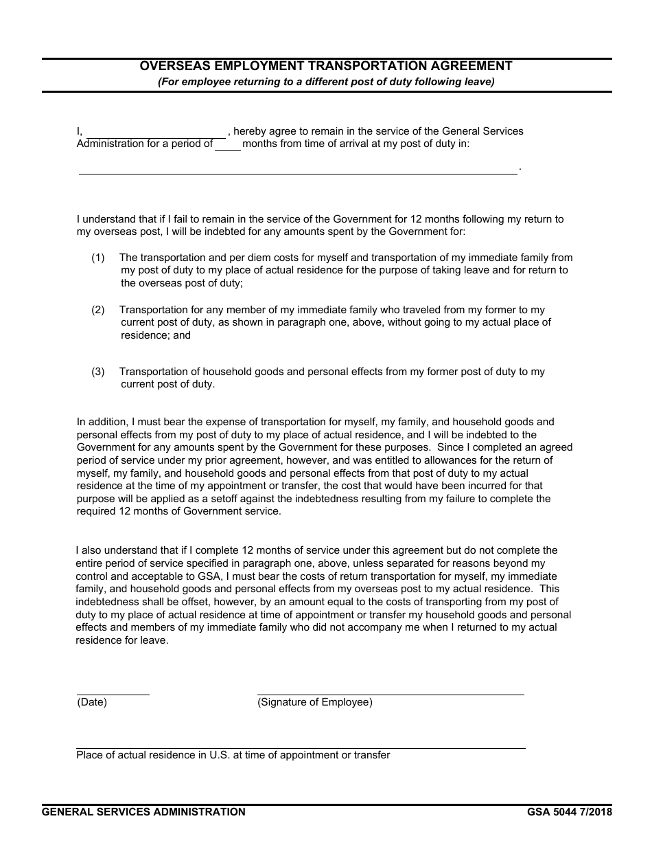 GSA Form 5044 Overseas Employment Transportation Agreement (For Employee Returning to a Different Post of Duty Following Leave), Page 1