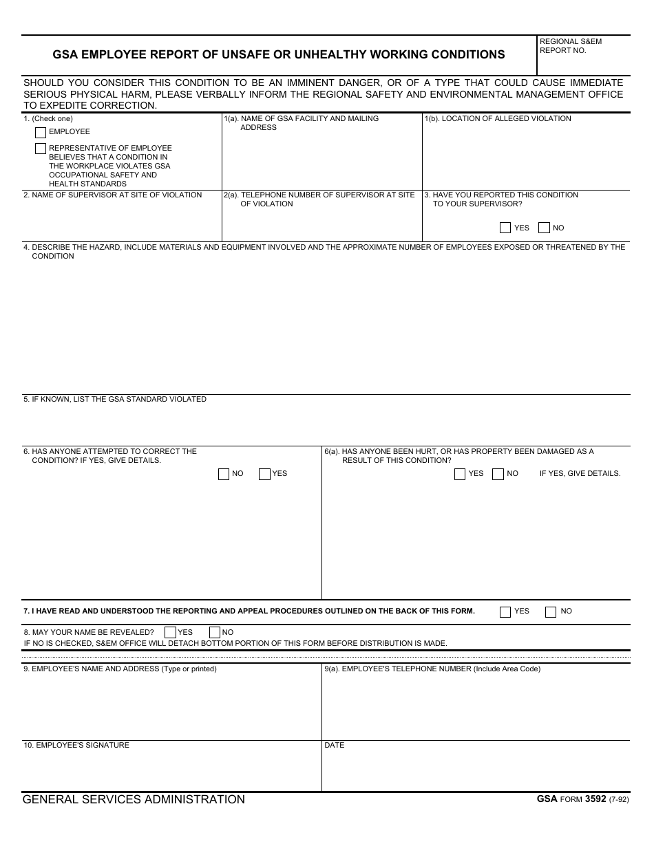 GSA Form 3592 GSA Employee Report of Unsafe or Unhealthy Working Conditions, Page 1