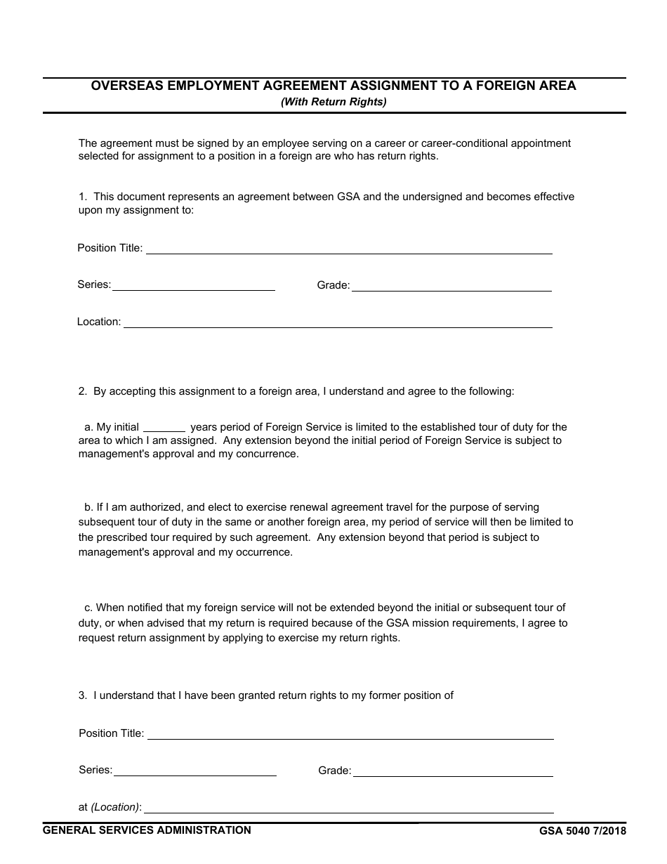 GSA Form 5040 Overseas Employment Agreement Assignment to a Foreign Area (With Return Rights), Page 1
