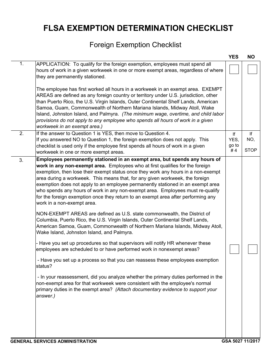 GSA Form 5027 Flsa Exemption Determination Checklist - Foreign Exemption, Page 1