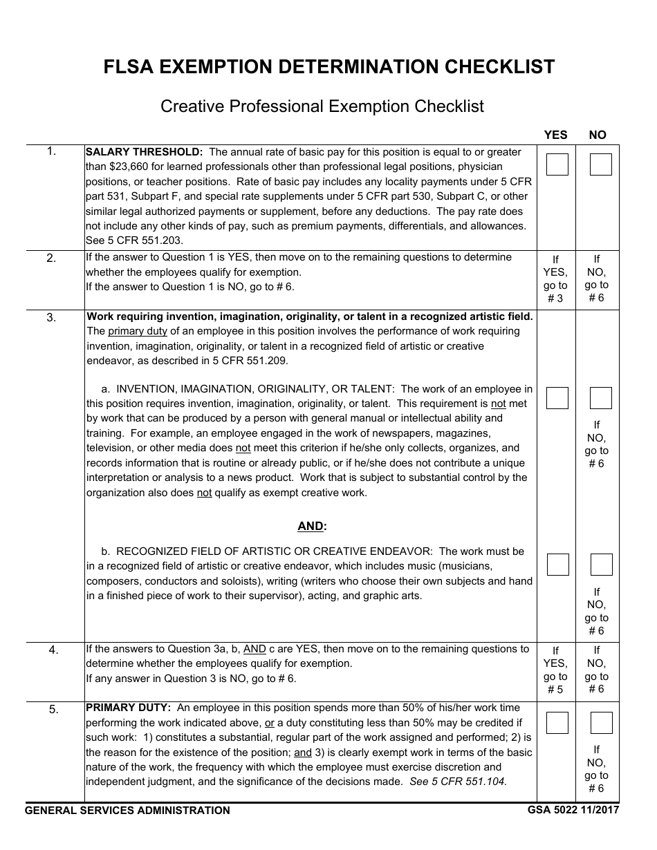 GSA Form 5022 Flsa Exemption Determination Checklist - Creative Professional Exemption, Page 1