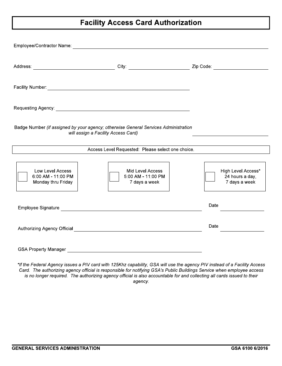 GSA Form 6100 Facility Access Card Authorization, Page 1