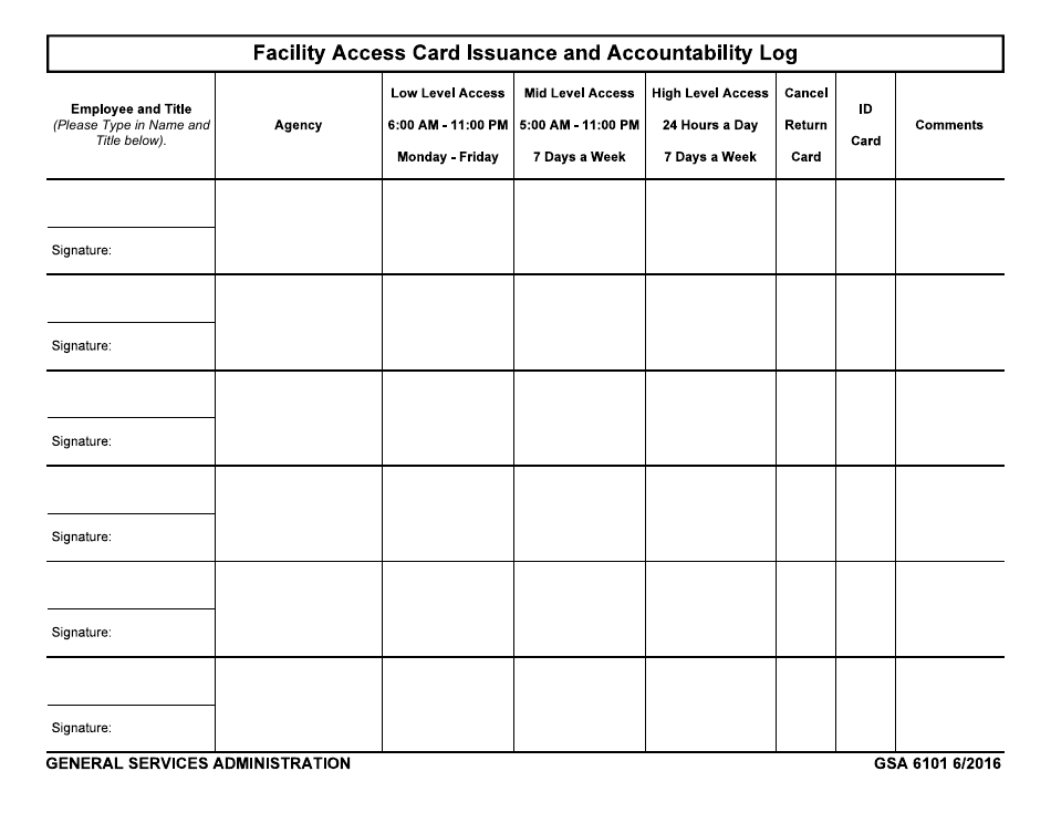GSA Form 6101 Facility Access Card Issuance and Accountability Log, Page 1