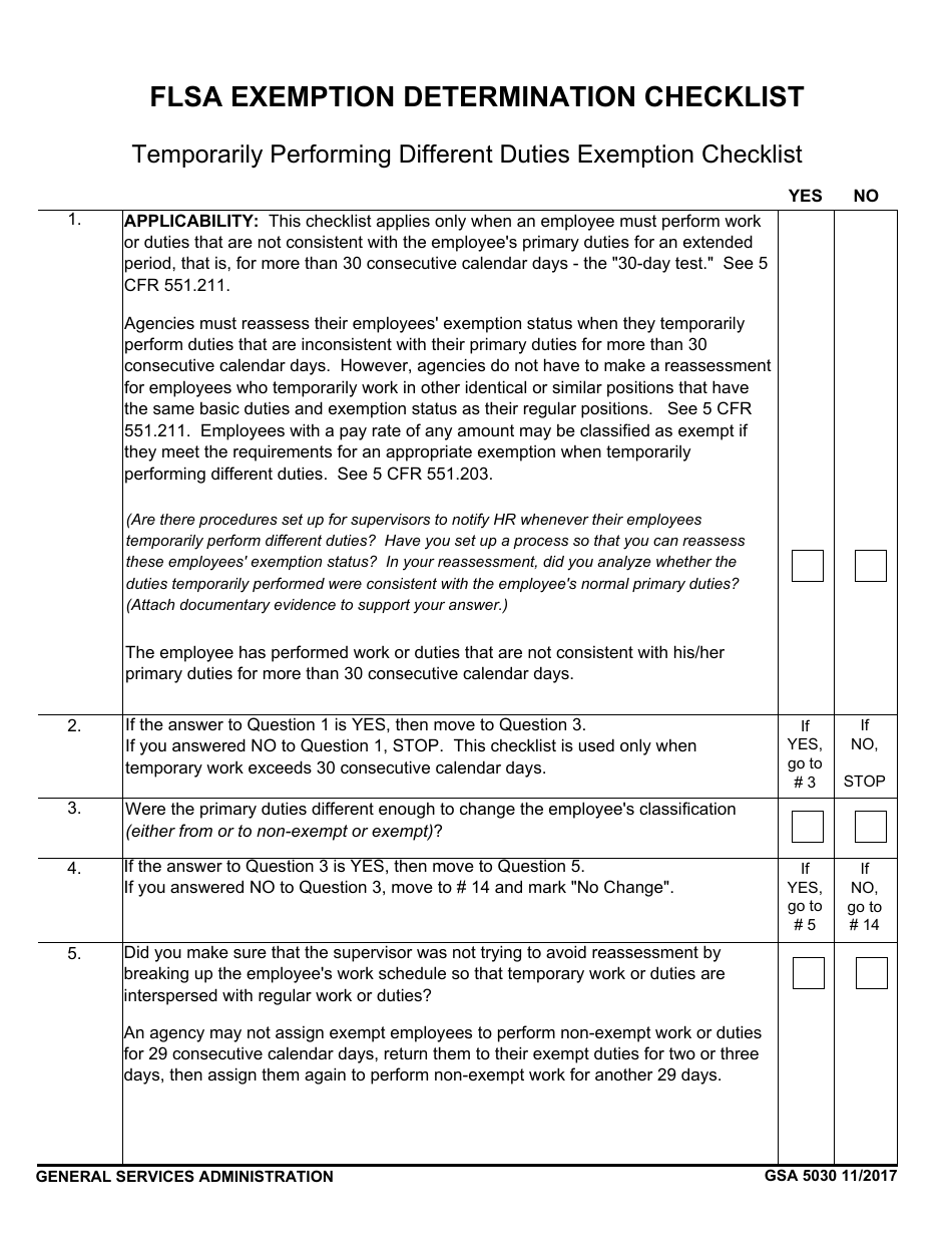 GSA Form 5030 Flsa Exemption Determination Checklist - Temporarily Performing Different Duties Exemption, Page 1