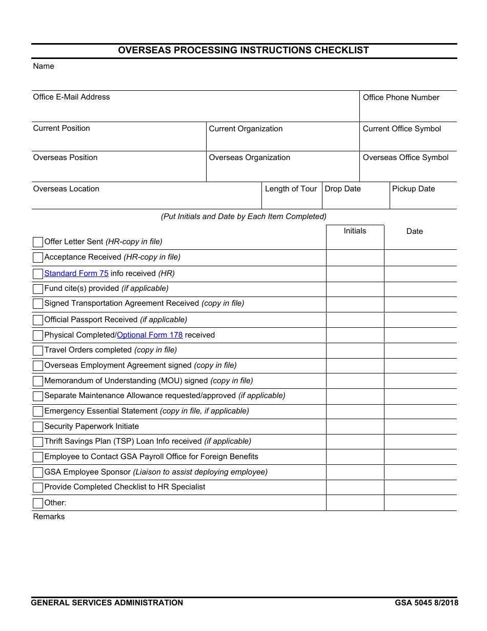 GSA Form 5045 Overseas Processing Instructions Checklist, Page 1