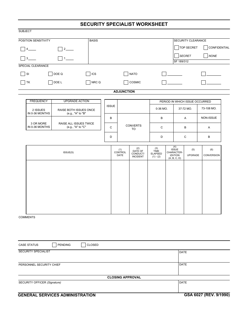 GSA Form 6027 Security Specialist Worksheet, Page 1