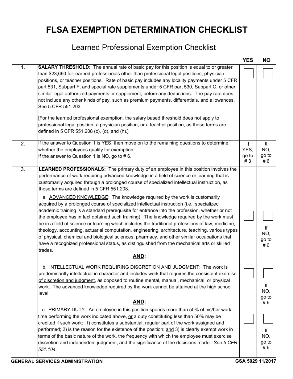 GSA Form 5029 Flsa Exemption Determination Checklist - Learned Professional Exemption, Page 1