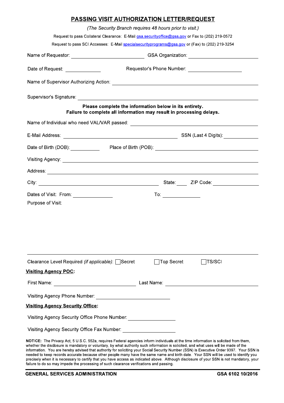GSA Form 6102 Passing Visit Authorization Letter / Request, Page 1