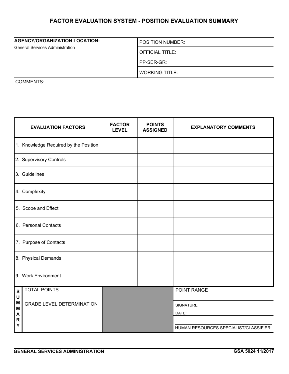 GSA Form 5024 Factor Evaluation System - Position Evaluation Summary, Page 1