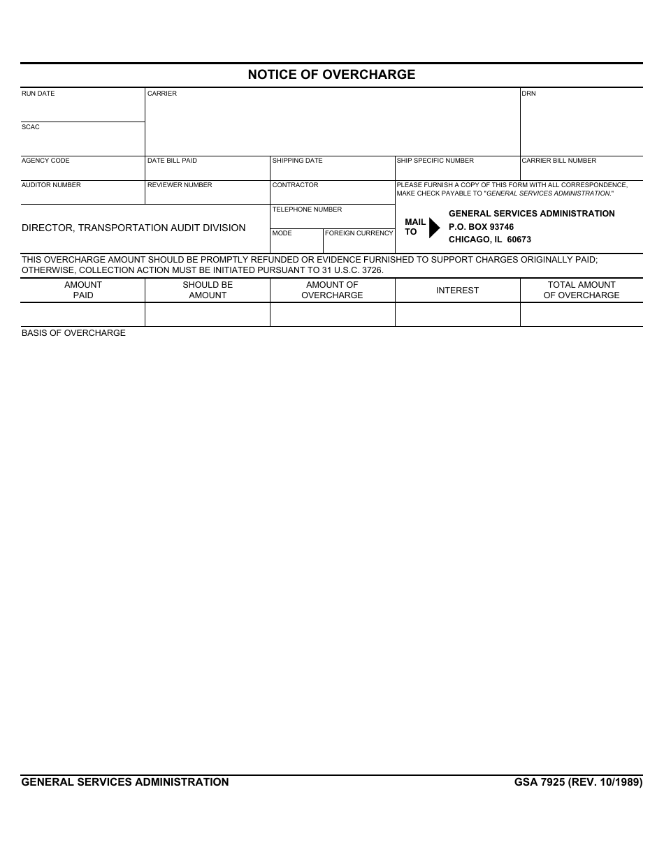 GSA Form 7925 Notice of Overcharge, Page 1