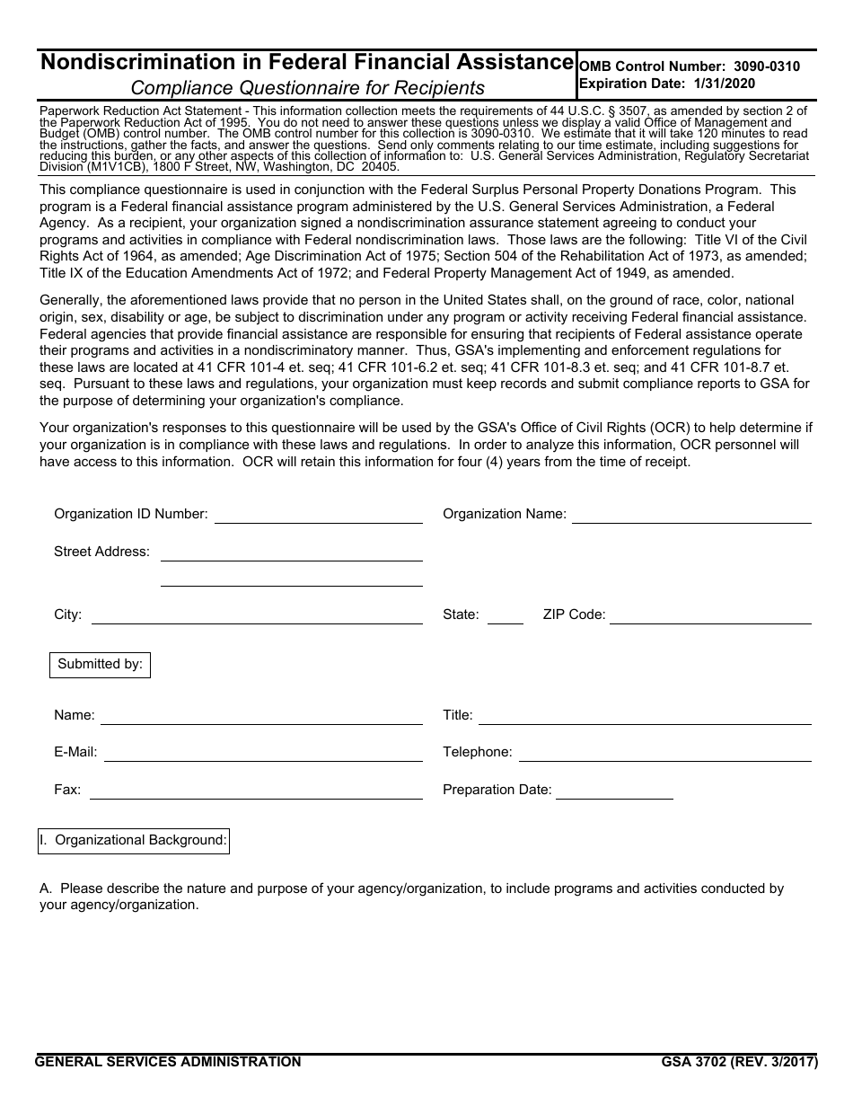 GSA Form 3702 Nondiscrimination in Federal Financial Assistance Compliance Questionnaire for Recipients, Page 1