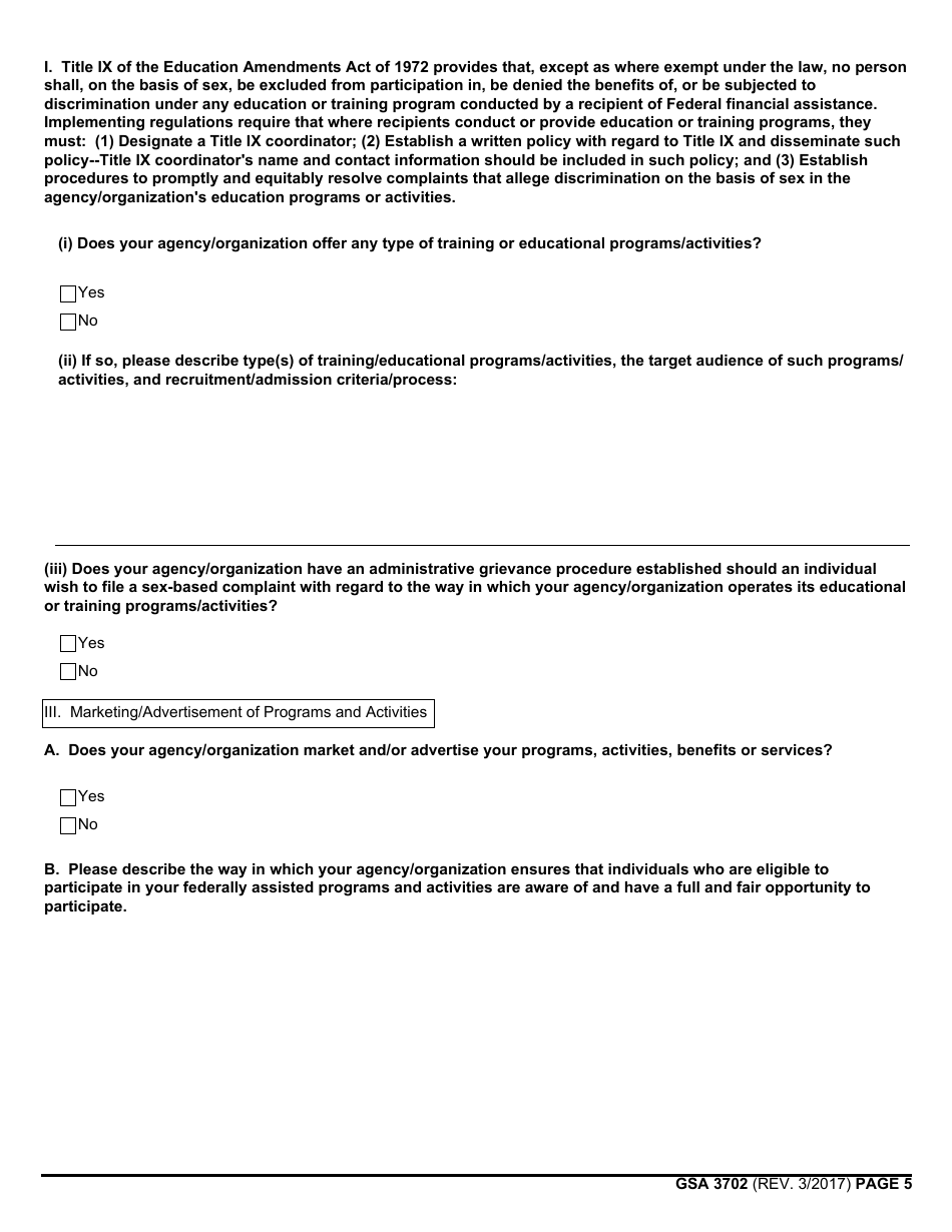 GSA Form 3702 Nondiscrimination in Federal Financial Assistance Compliance Questionnaire for Recipients, Page 5