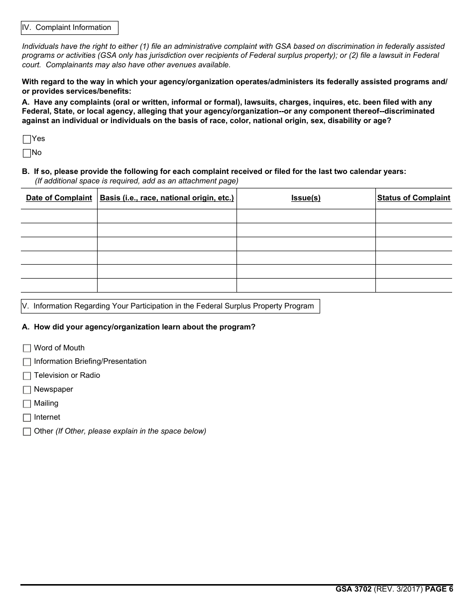 GSA Form 3702 Nondiscrimination in Federal Financial Assistance Compliance Questionnaire for Recipients, Page 6
