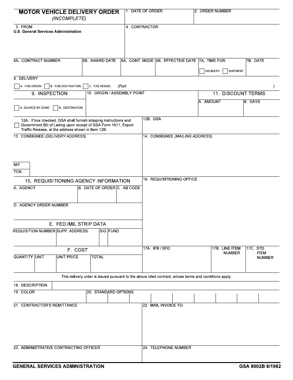 GSA Form 8002B Motor Vehicle Delivery Order (Incomplete), Page 1