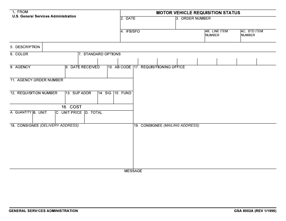 GSA Form 8002A Motor Vehicle Requisition Status, Page 1