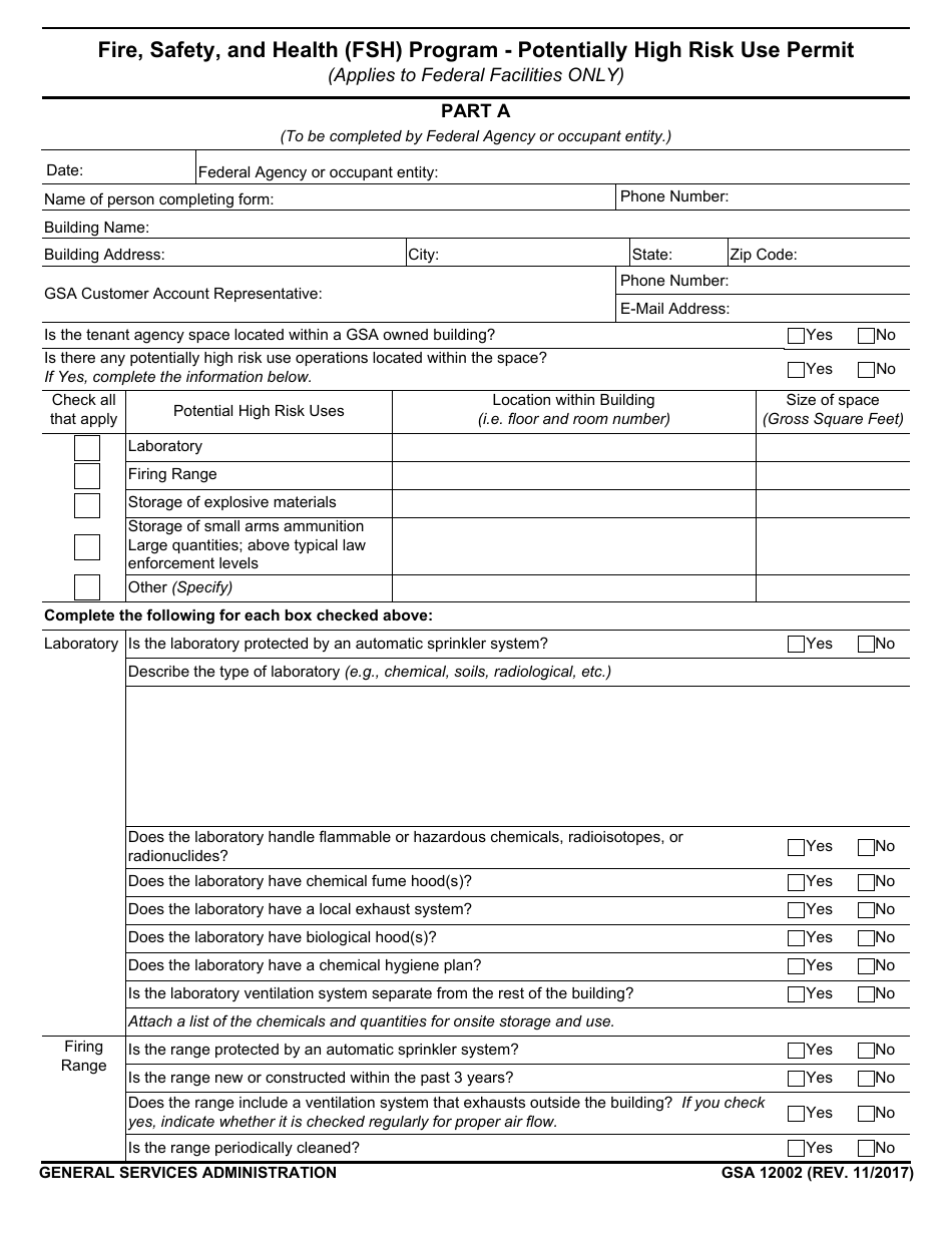 GSA Form 12002 Potentially High Risk Use Permit - Fire, Safety, and Health (Fsh) Program, Page 1