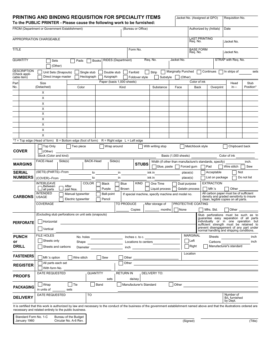 Form SF-1C Printing and Binding Requisition for Specialty Items, Page 1