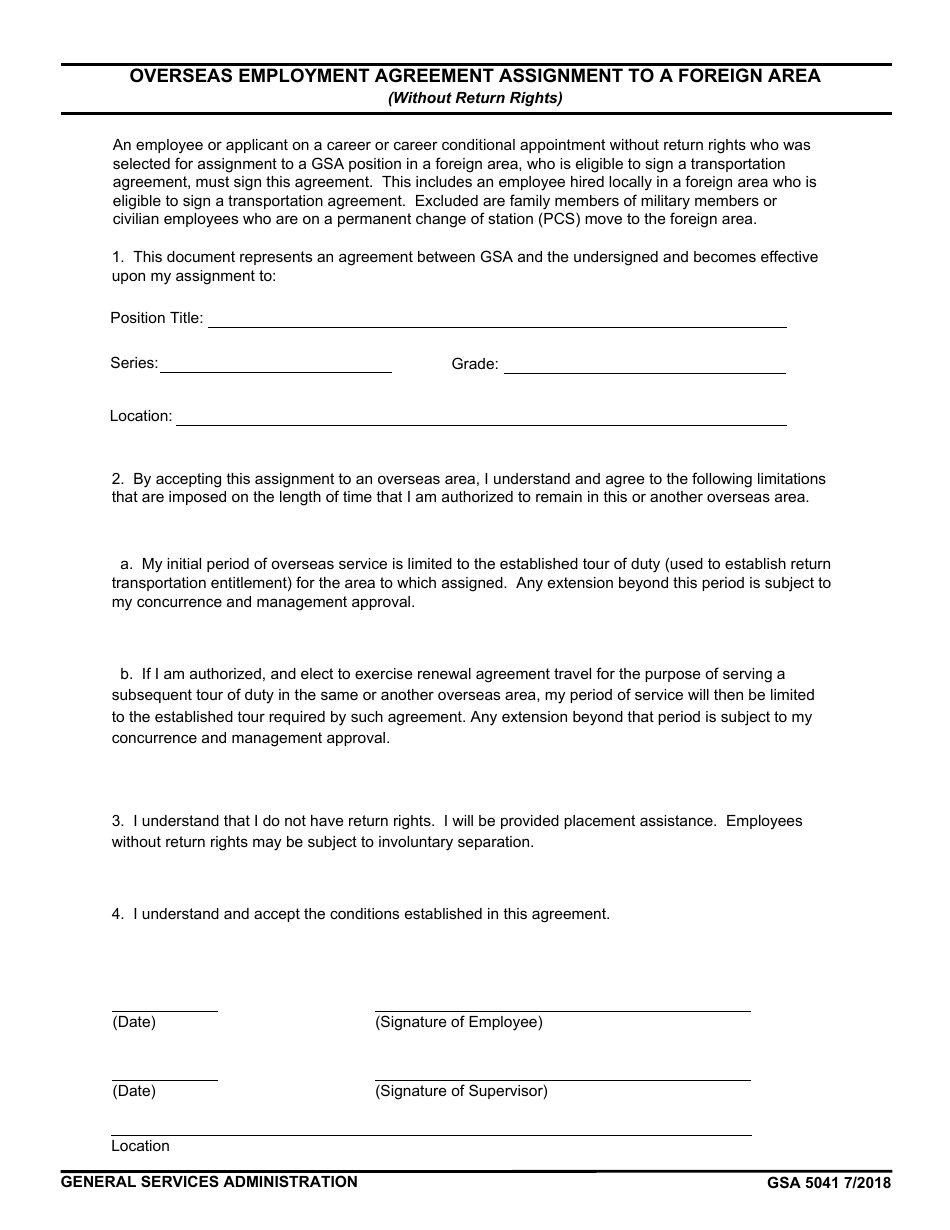 GSA Form 5041 Overseas Employment Agreement Assignment to a Foreign Area (Without Return Rights), Page 1