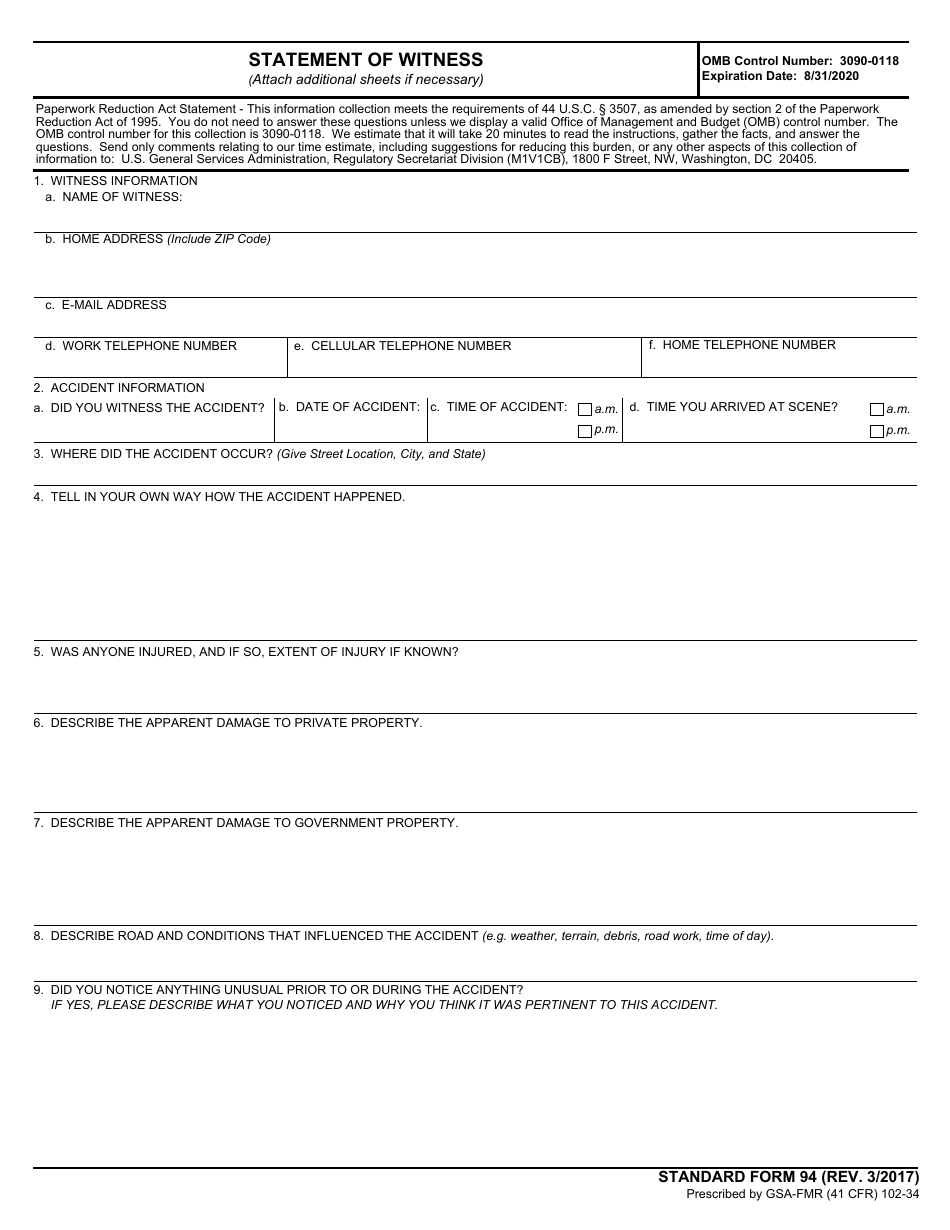 Form SF-94 - Fill Out, Sign Online and Download Fillable PDF ...