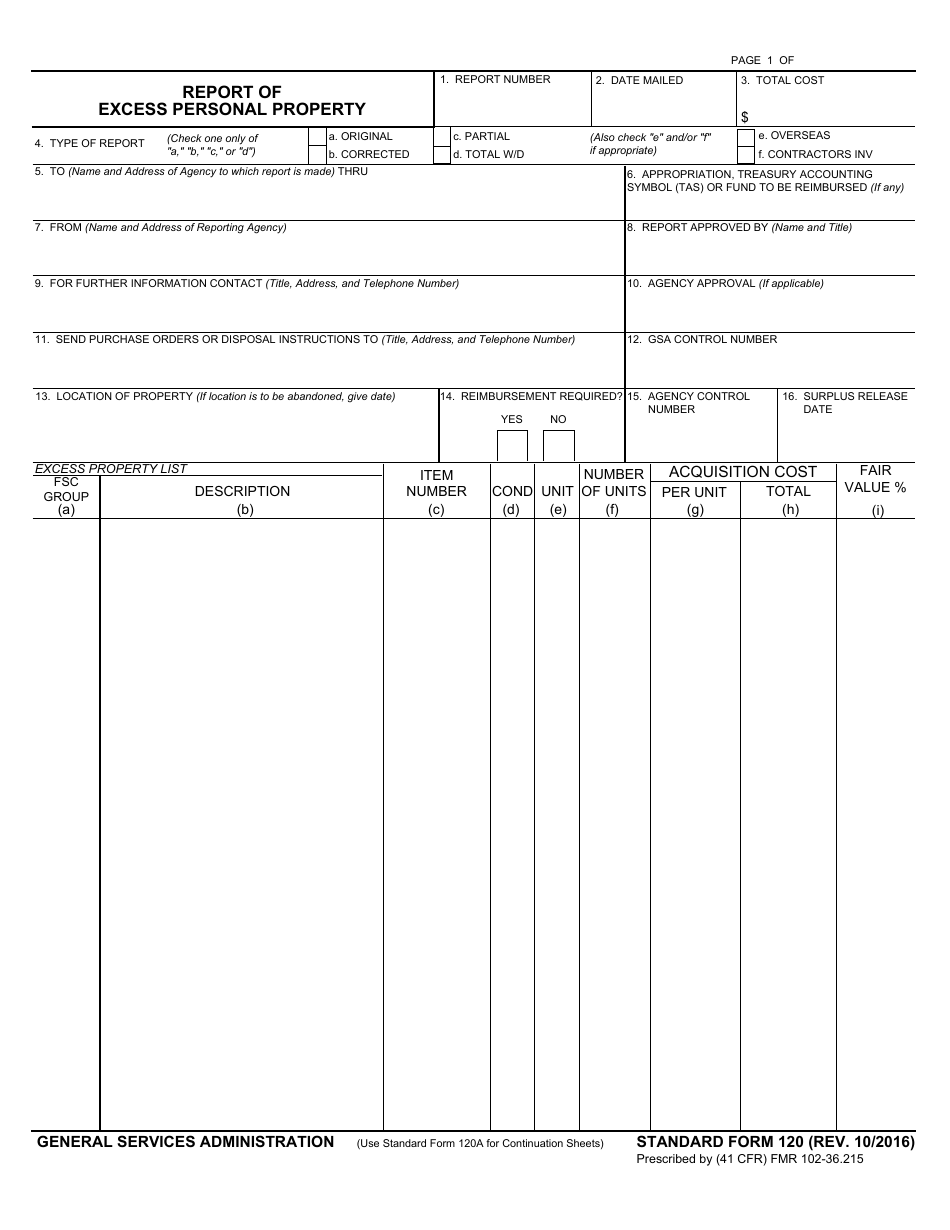 Form SF-120 Report of Excess Personal Property, Page 1