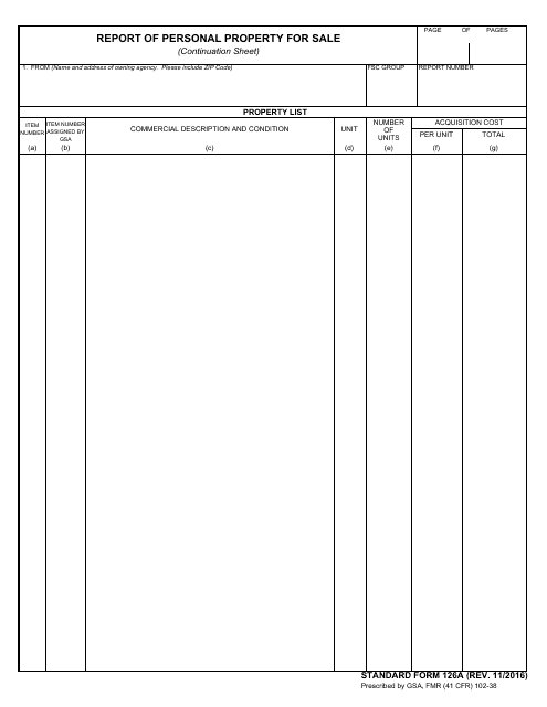 Form SF-126A Report of Personal Property for Sale (Continuation Sheet)