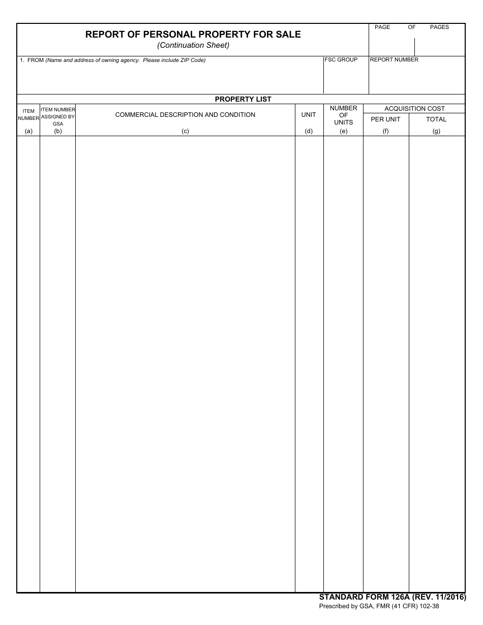 Form SF-126A Report of Personal Property for Sale (Continuation Sheet), Page 1