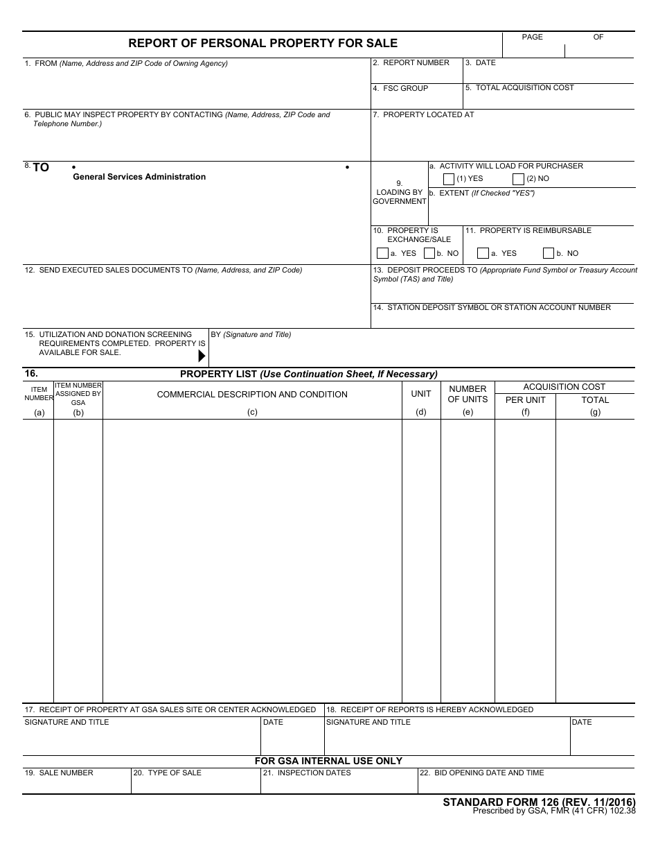Form SF-126 Report of Personal Property for Sale, Page 1