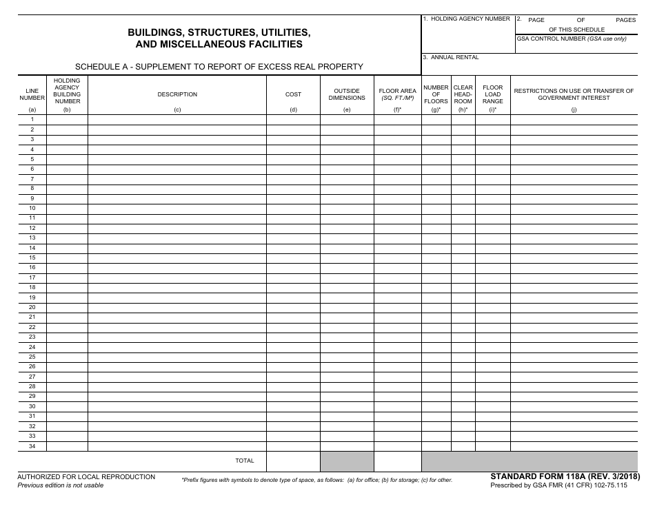 Form SF-118A Schedule A Supplement to Report of Excess Real Property, Page 1