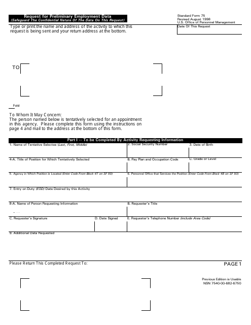 OPM Form SF-75 Request for Preliminary Employment Data