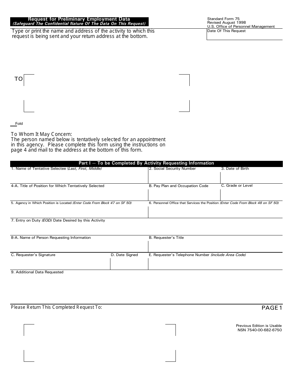 OPM Form SF-75 Request for Preliminary Employment Data, Page 1
