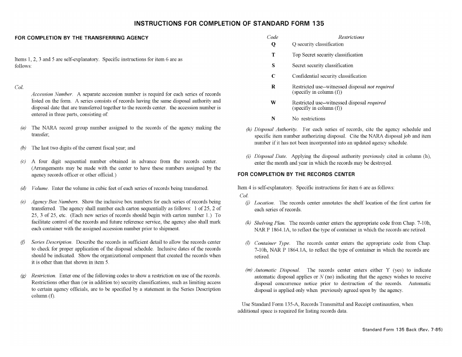 Instructions for Form SF-135 Records Transmittal and Receipt, Page 1