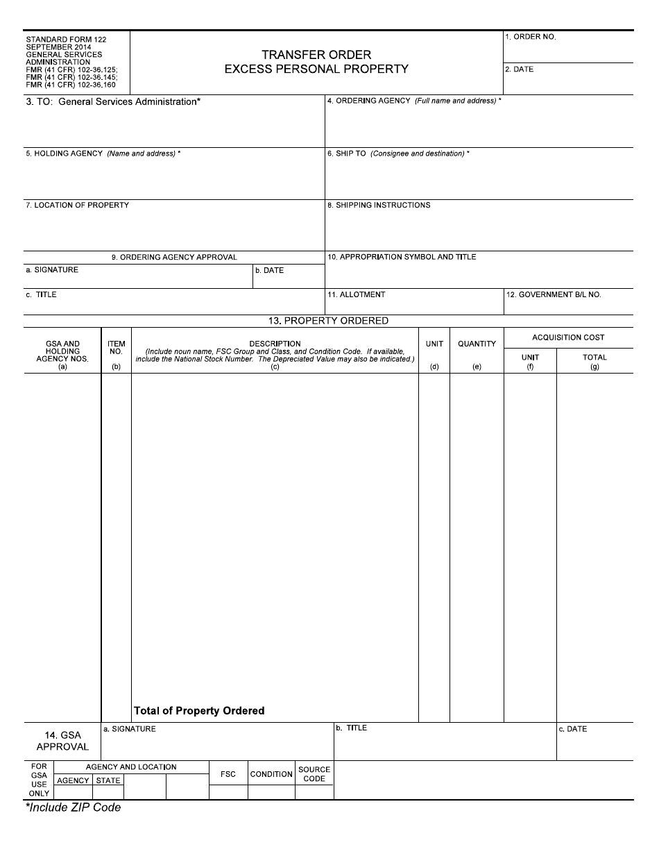 Form SF-122 Transfer Order Excess Personal Property, Page 1