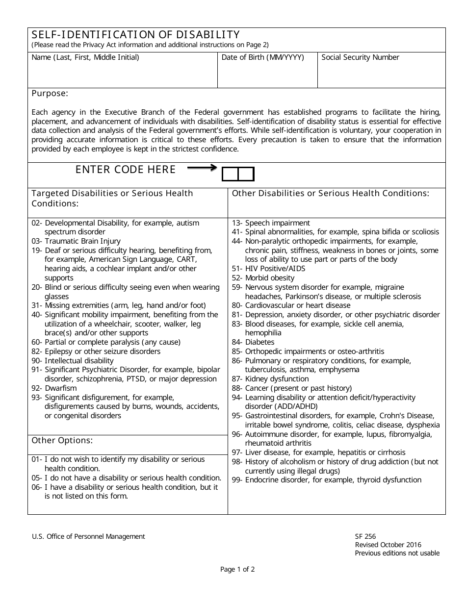 OPM Form SF256 Self-identification of Disability, Page 1