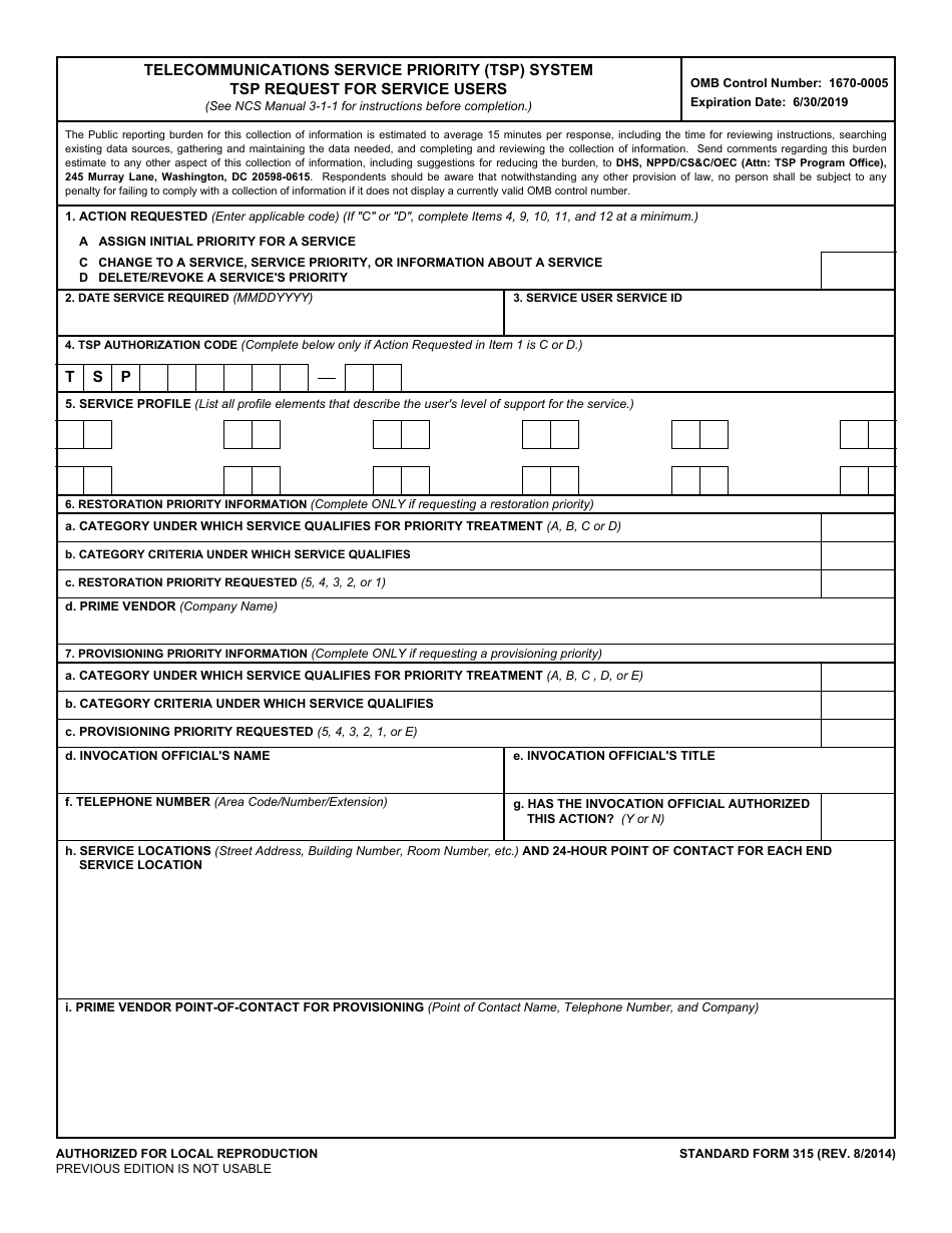 Form SF-315 Telecommunications Service Priority (Tsp) System Tsp Request for Service Users, Page 1